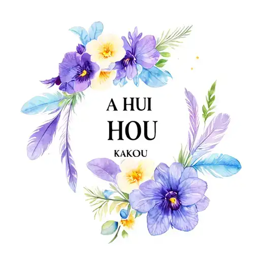"A HUI HOU KAKOU" violets, primrose, asters and orchid flower bouquet with light blue, lavender and cream boho feathers  tattoo design idea