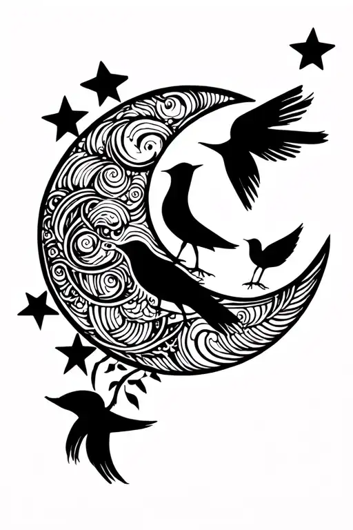 “Minimal fine line tattoo, crescent moon with two stars above, phinix bird, symbolizing motherhood and two children” tattoo design idea