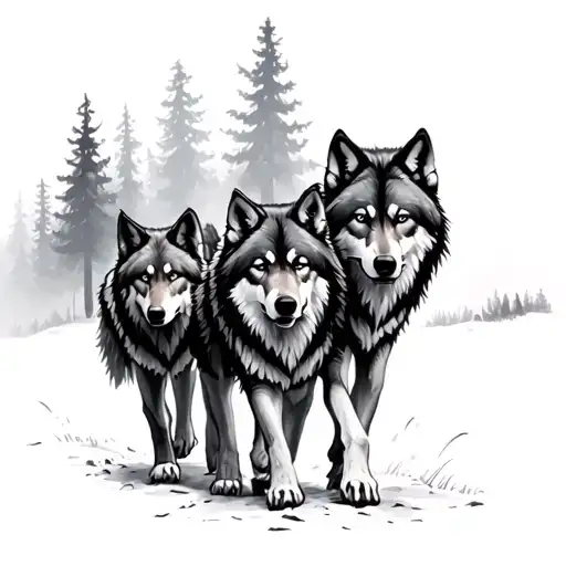 three wolves walking together out a forest tattoo design idea