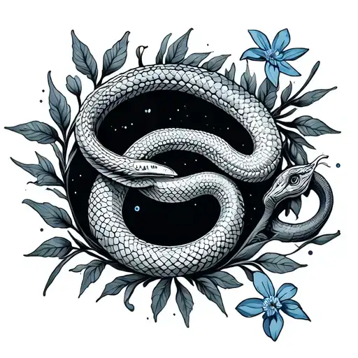 constellation Aquarius, snake, forget-me-not tattoo design idea