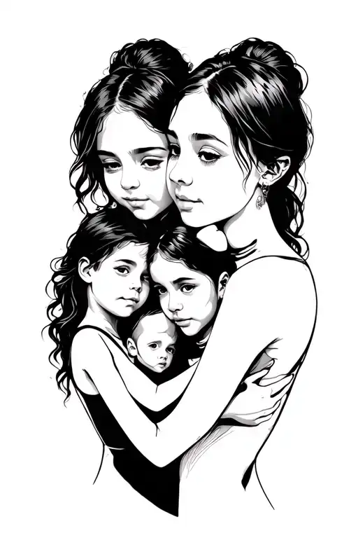 mother and 3 children tattoo design idea
