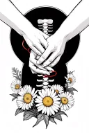 Tattoo of couple hands pinky promises with red string attaching pinky fingers, inside of rib cage, surrounded by daisies tattoo design idea