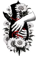 Tattoo of couple hands pinky promises with red string attaching pinky fingers, inside of rib cage, surrounded by daisies tattoo design idea