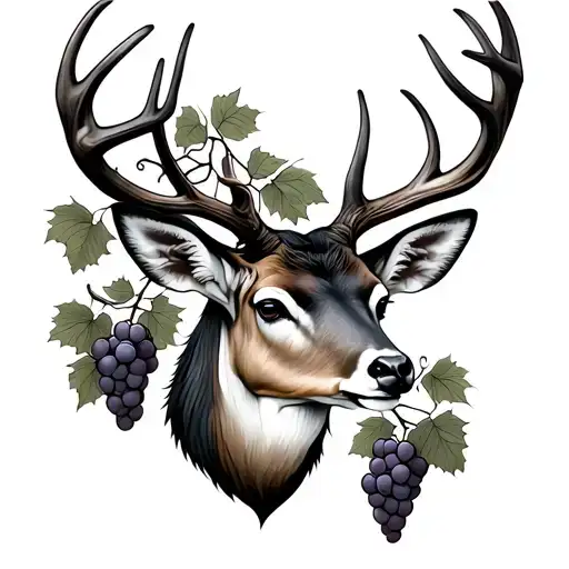 deer head with grape vines tattoo design idea