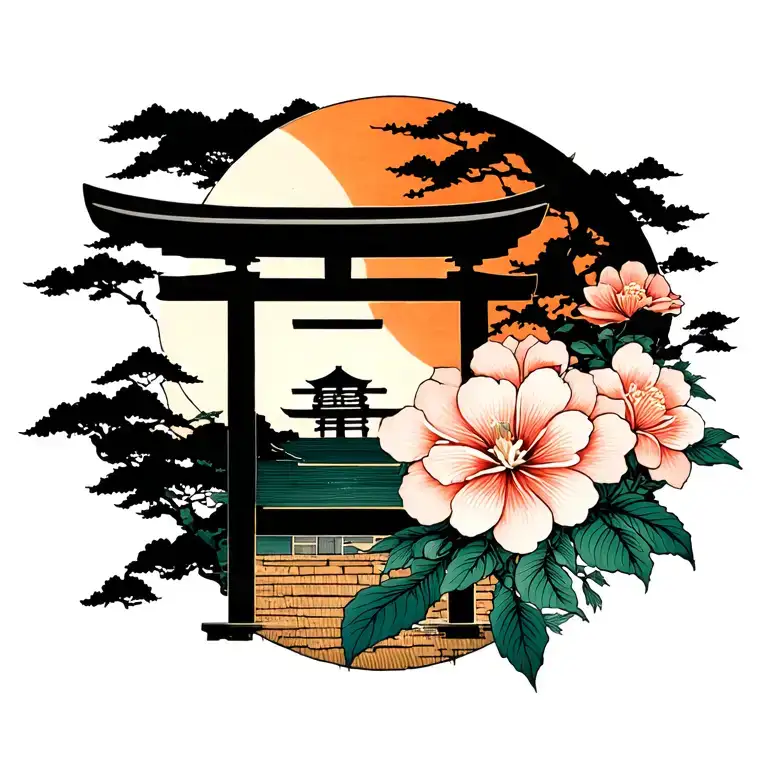 Japanese sun, Shinto shrine and flowers in a wood block print style. top center of back tattoo design idea
