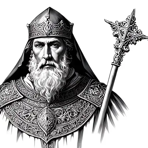 Black and white tattoo design of King Baldwin IV of Jerusalem, wearing a detailed crusader robe and a veil covering part tattoo design idea