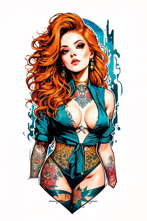 cyberpunk pin up girl, ginger tattoo design idea
