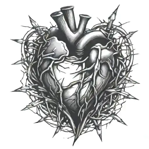 a heart broken and stitched together with barbed wire tattoo design idea