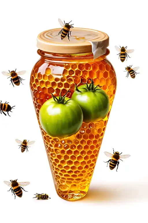 Jar of honey covered with bees wax paper inside honey comb beside a green tomatoes with bees flying around tattoo design idea