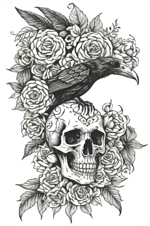 flowers, crow, skull, metamorphosis, witchy, feminine, botanical tattoo design idea