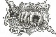 dexter hand and arm in pale, armed and holding a broken spear, along with the motto "Tout Jour Prest" ("Always ready") tattoo design idea