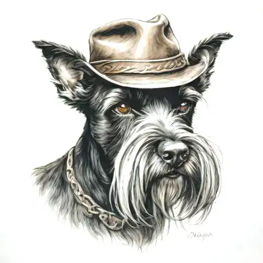 black schnauzer with cowgirl hat and brown eyes tattoo design idea