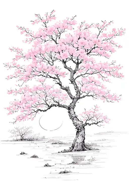 Sun, flowers, blooming cherry blossom trees tattoo design idea