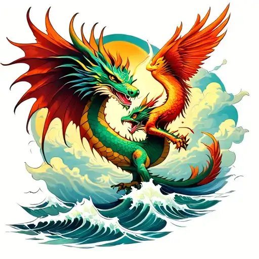A traditional style tattoo of a dragon and phoenix engaged in a fierce battle in a majestic outdoor landscape, with swirling clouds and crashing waves in the background tattoo design idea