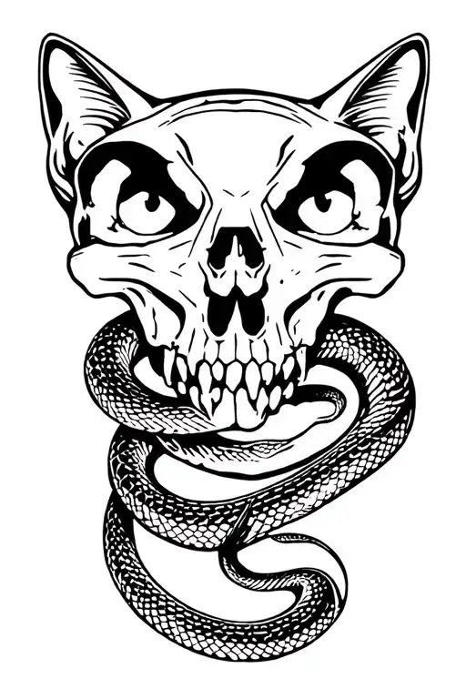 Snake Slithering trough a cats skull tattoo design idea