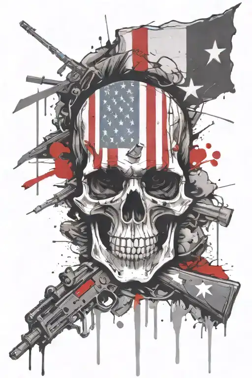skull american flag morphing, m16 rifle leaning tattoo design idea