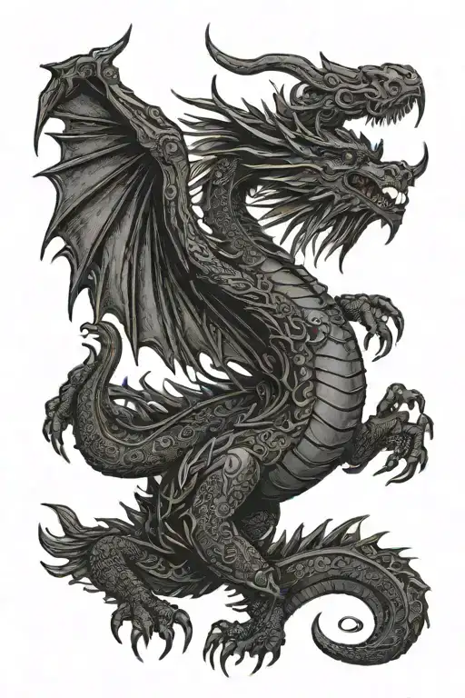 Black dragon with large outstretched wings and four legs tattoo design idea