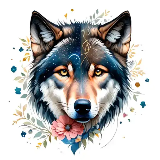 guardian wolf looking forward half womans face surrounded by upper celestial with cancer constelation lower half floral  tattoo design idea