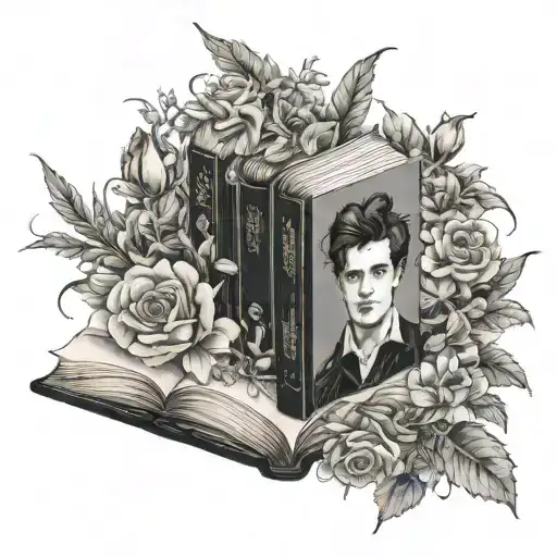a book with Arthur Rimbaud and flowers growing tattoo design idea
