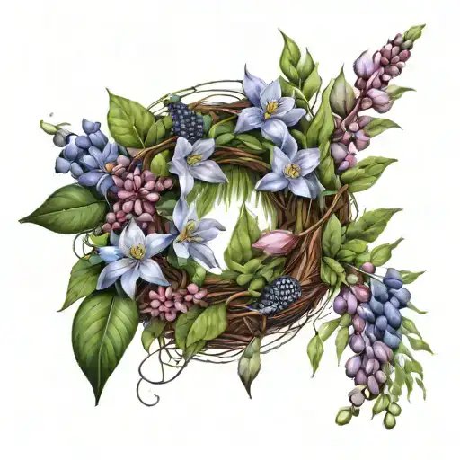Wreath of laurel wrapped in mistletoe with a bouquet of clematis, datura, foxglove. tattoo design idea