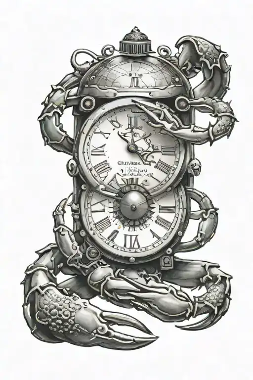 Forearm tattoo with an old watch set to 05:50 with an amount of the astrological sign Crab. In the continuity, tattoo design idea