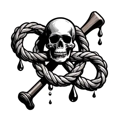 omega symbol intertwined with a hangman's noose, baseball bat, skull and oil drop tattoo design idea