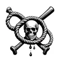 omega symbol intertwined with a hangman's noose, baseball bat, skull and oil drop tattoo design idea
