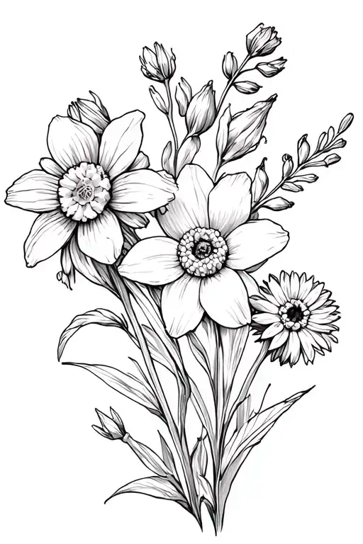 larkspur, daffodil, chrysanthemum, marigold flowers tattoo design idea