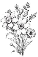 larkspur, daffodil, chrysanthemum, marigold flowers tattoo design idea