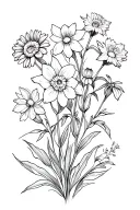 larkspur, daffodil, chrysanthemum, marigold flowers tattoo design idea