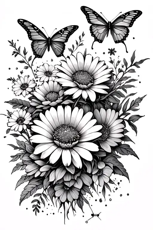 line drawing of wild flowers intertwined with butterflies flying with Gemini and Libra constellation  tattoo design idea