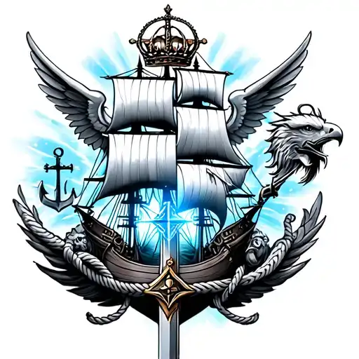 featuring an anchor, lion, dragon, eagle, compass, rope, glowing blue light, sword, Black Pearl pirate ship, crown, wing tattoo design idea