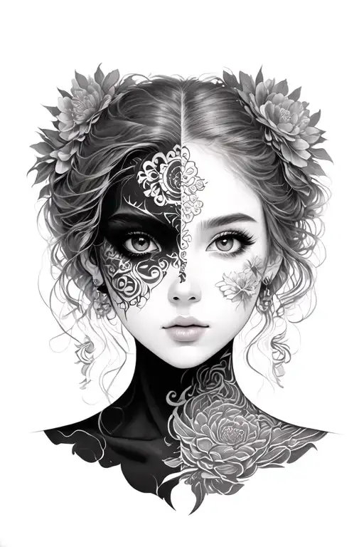 beauty girl with Gumiho but showing half face  tattoo design idea