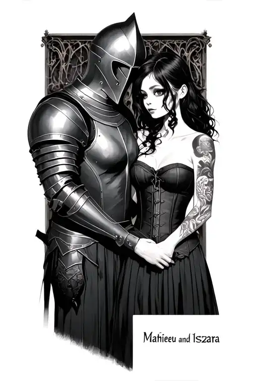 "Mathieu and Iszara" "Mathieu and Iszara" a knight with a helmet on and a goth girl but you cant see her facewearing black skirt and black corset with black hair  tattoo design idea