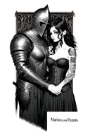 "Mathieu and Iszara" "Mathieu and Iszara" a knight with a helmet on and a goth girl but you cant see her facewearing black skirt and black corset with black hair  tattoo design idea
