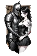 "Mathieu and Iszara" "Mathieu and Iszara" a knight with a helmet on and a goth girl but you cant see her facewearing black skirt and black corset with black hair  tattoo design idea