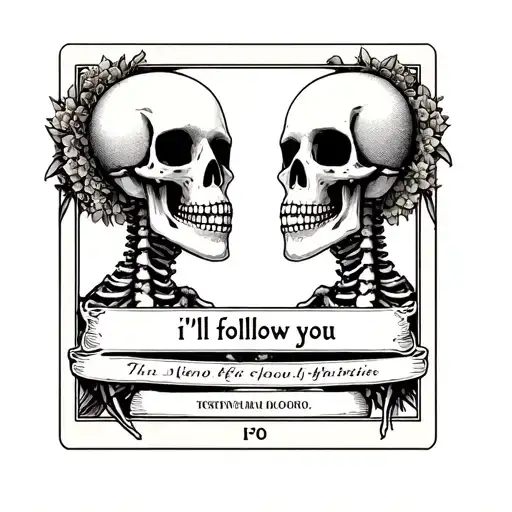 lovers tarot with skeletons and text 'i'll follow you' tattoo design idea