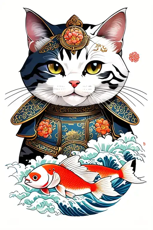 Japanese style, cat samurai in armor, in the lower part of the red fish and white fish in flowers, against the background of waves tattoo design idea