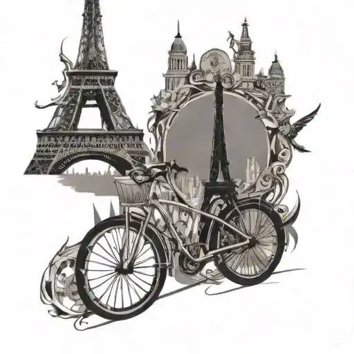 A stylized bicycle silhouette surrounded by various travel landmarks like the Eiffel Tower and Statue of Liberty tattoo design idea