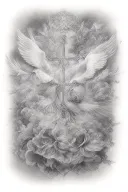 Clouds and White stars and doves and  a rose and a Catholic Cross with 08/08/2007 in roman numerals tattoo design idea