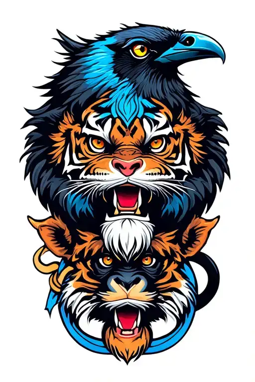 celtic style tiger and raven and monkey connected line tattoo tattoo design idea