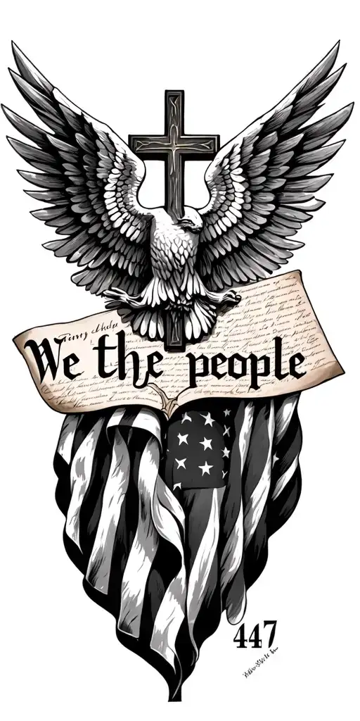 "We the people 45 47" "We the people 45 47" american flag and us constitution behind catholic cross tattoo design idea