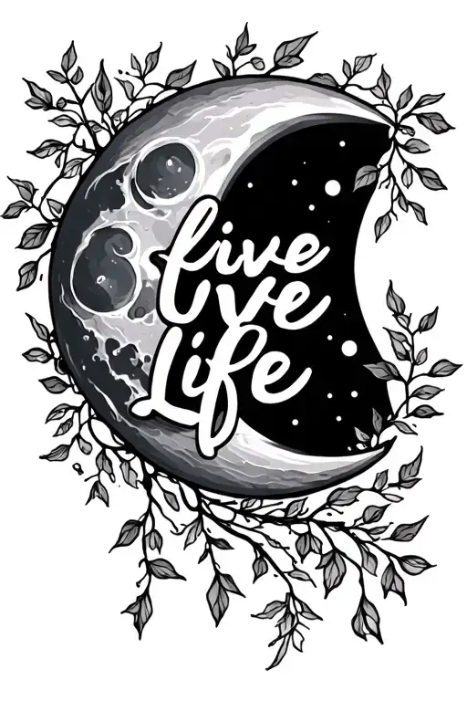 "live life" moon and vines with text "live life" tattoo design idea