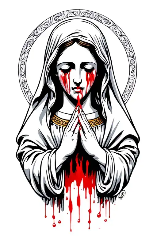 Virgin Mary praying hands crying blood tattoo design idea