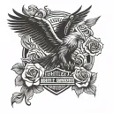 Harley Davidson emblem, eagle wings, roses tattoo design idea