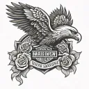 Harley Davidson emblem, eagle wings, roses tattoo design idea
