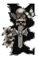 American flag with skull, cross with nails, type 1 diabetes, plumeria flower with butterfly,  tattoo design idea