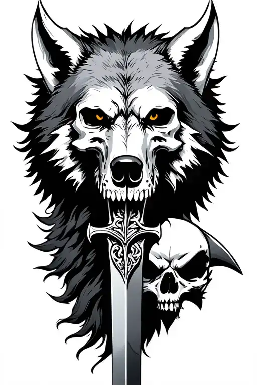 Viking spear, skulls, wolf head tattoo design idea