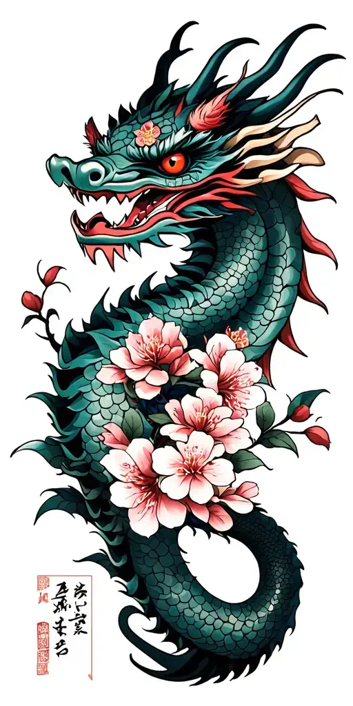 Japanese cherry blossoms, dragon surrounded and oni mask tattoo design idea