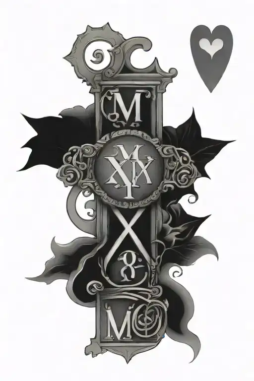 roman numerals representing important date: 01 03 07, and names: jayce, emry, amari, princeton, with small hearts around tattoo design idea